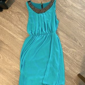 teal beaded fit and flare dress